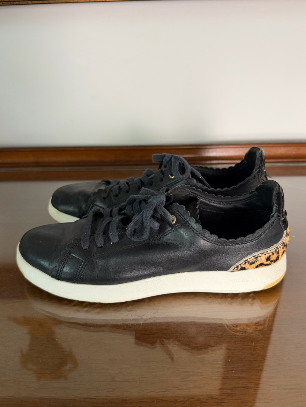 Cole Haan Grand.OS Black Leather Leopard Sneakers Women’s 6B W20673
